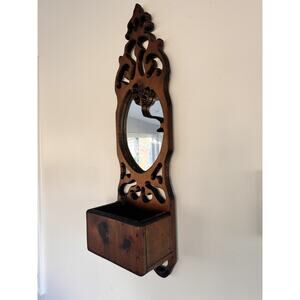 1970’s Rustic Farmhouse Style Carved Wood Wall Hanging Mirror W/ Storage 34x9”
